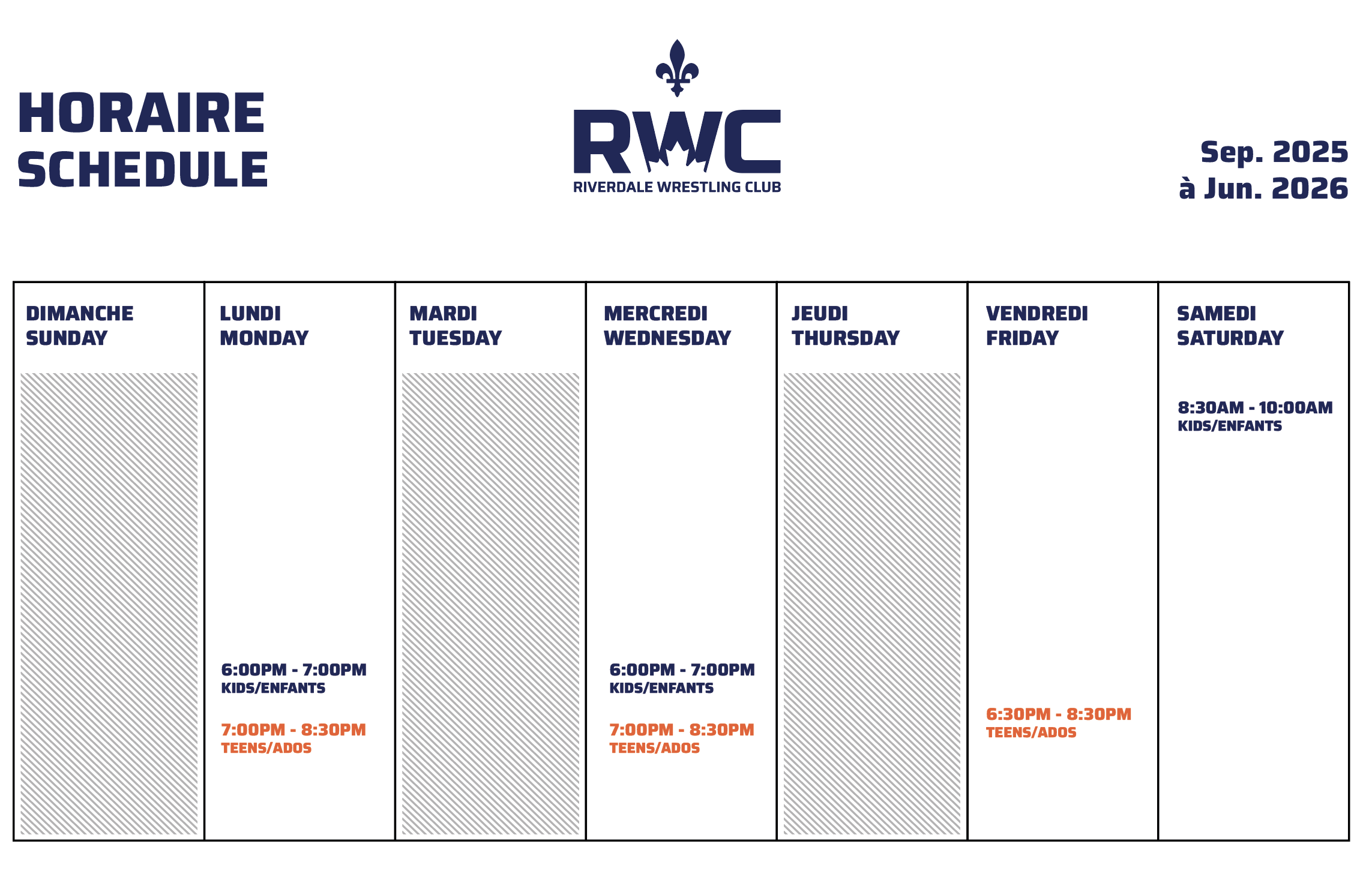 Riverdale Wrestling Club Schedule Horaire 2025-2026 - May be subject to change